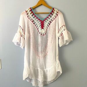 NWT Moda Bell Sleeve Ruffle Hem Beach Coverup One Size Low Back Boho Festival